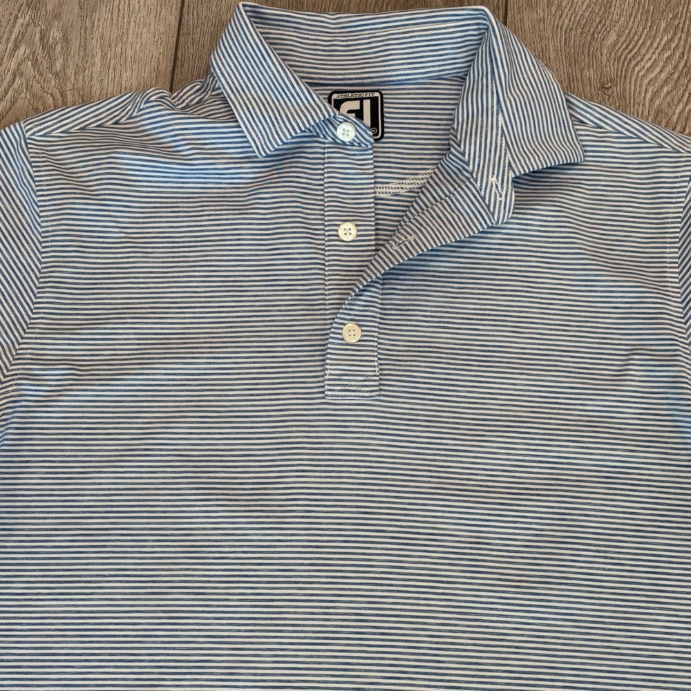 FootJoy Golf Polo Mens Medium Blue White Striped Athletic Fit Preppy Casual
